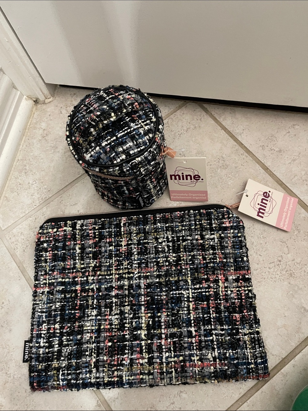 mine Black Multicolor Tweed Cosmetic Pouch & Round Case Set
